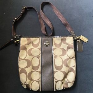Coach Signature Leather Trim Crossbody bag khaki and brown